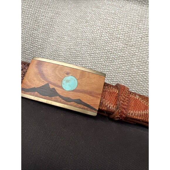 Wood Turquoise Brass Inlay Landscape Buckle Lizard  Belt Hippie Vtg Sky West 34 - Picture 2 of 11